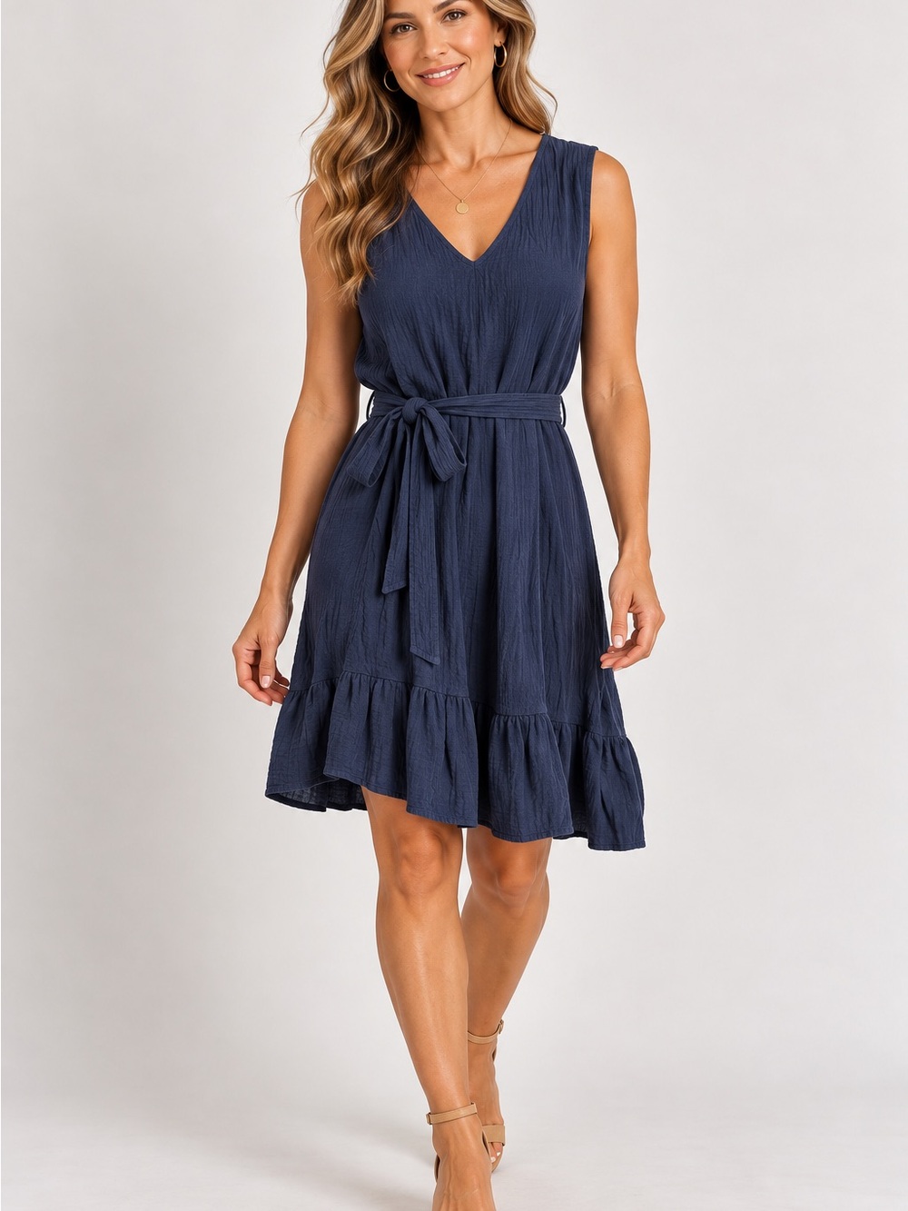 Calvin Klein Navy V-Neck Tie-Waist Ruffle Midi Dress